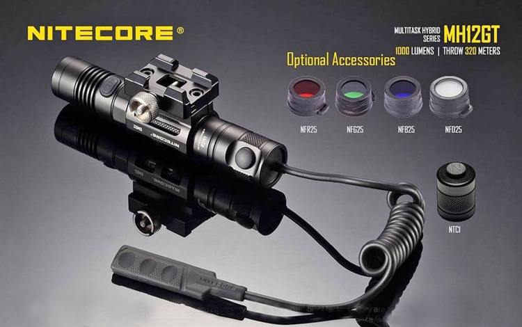 The optional tactical accessories available for the Nitecore MH12GT flashlight