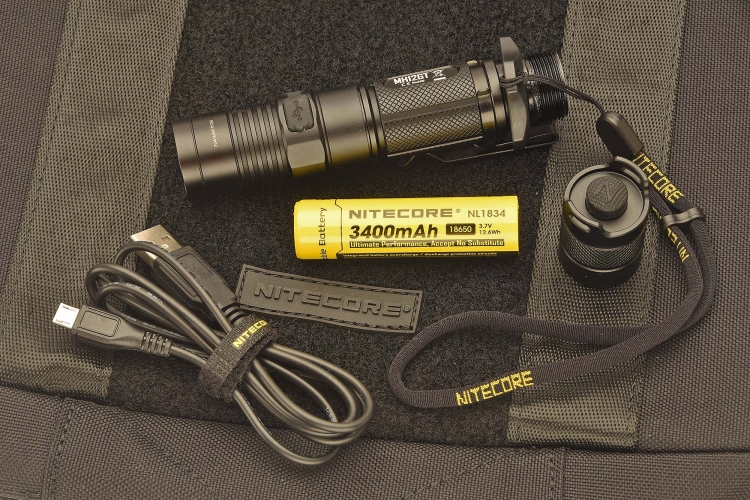 The flashlight uses a rechargeable Nitecore NL1834 3400mAh 18650 battery that can be recharged via a USB cable