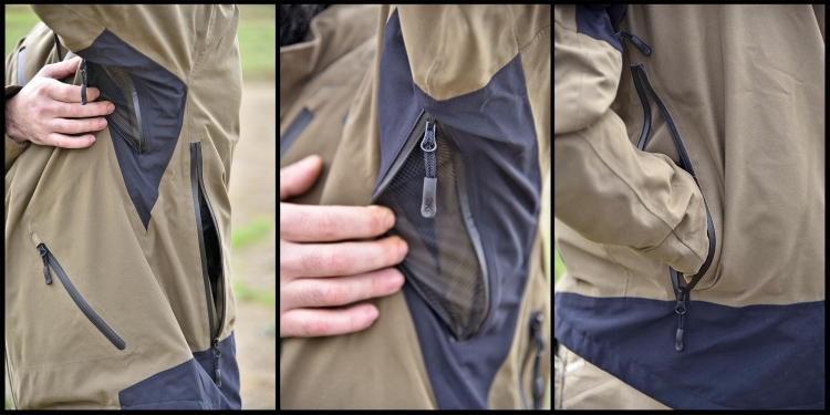 Le zip e le aperture di ventilazione sono ben fatte. Dietro la giacca si trova la tradizionale cacciatora, una grande tasca impermeabilizzata accessibile da ambo i lati