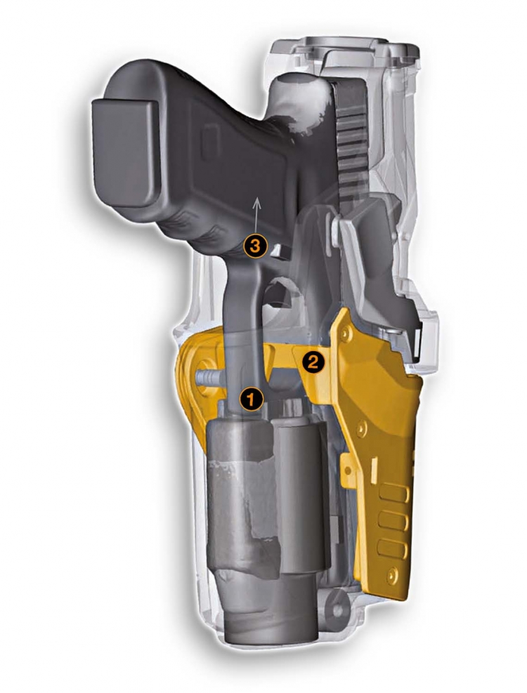 Sectioned view of the pistol holster, with the CRAB system (in yellow)