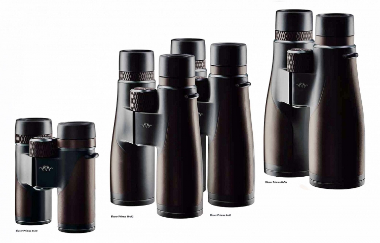The lineup of Blaser's Primus binoculars, left to right: 8x30, 10x42, 8x42, 8x56