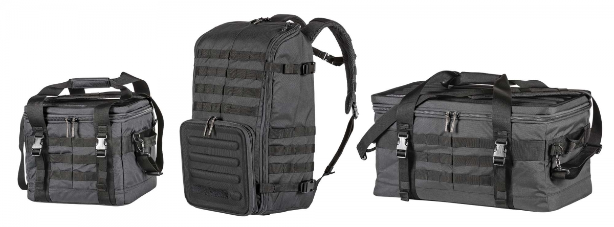 Left to right: the 5.11 Range Master "Qualifier", "Backpack" and Duffel" bags