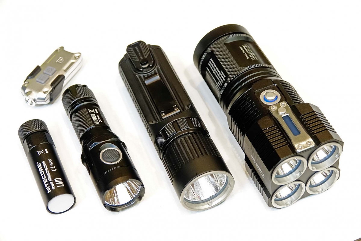 Nitecore flashlights, from left: LA10 CRI, MH20GT, SRT9, TM28