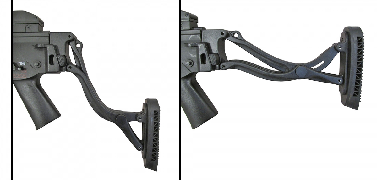 The image shows how the stock can be moved to be positioned depending on the tactical equipment used or operative situation