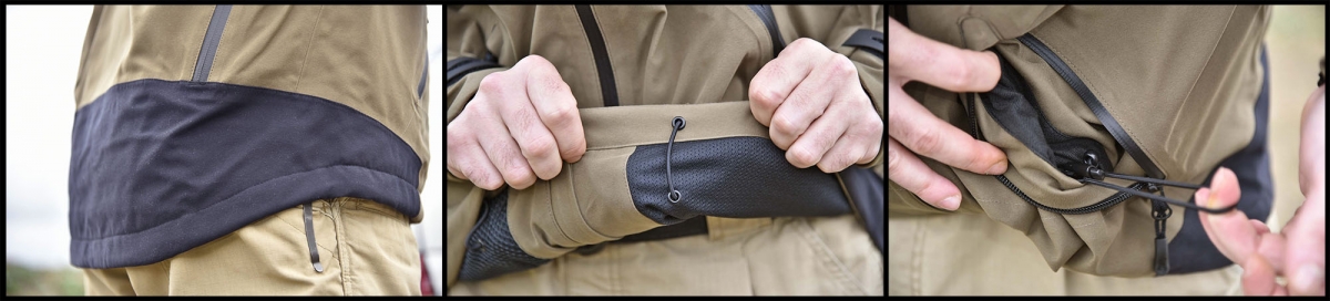 Dettagli del rinforzo posteriore della giacca e dei laccetti di regolazione della vita, accessibili all'interno delle due tasche laterali