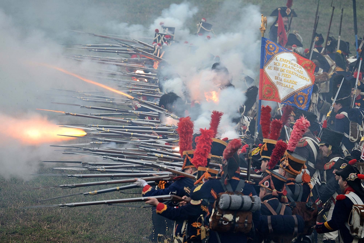 Un&#039;immagine ripresa durante la rievocazione storica della battaglia di Waterloo del 18 giugno 1815