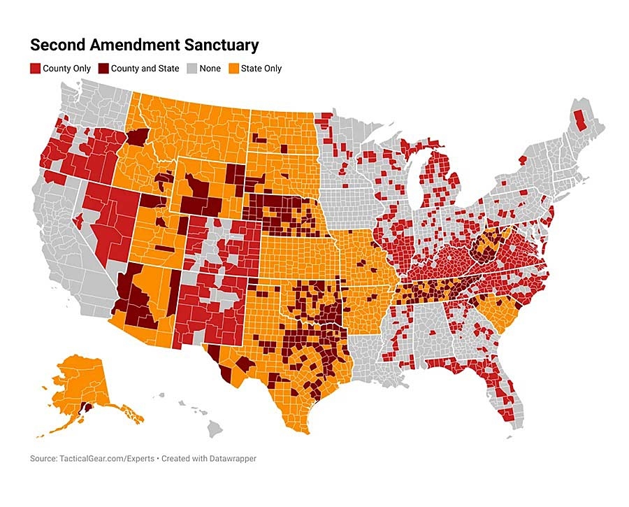 The map published by Tacticalgear.com highlights self-proclaimed Second Amendment sanctuary Counties (red), Counties in 2A sanctuary States (orange), and self-proclaimed 2A sanctuary Counties in already 2A Sanctuary States (crimson)