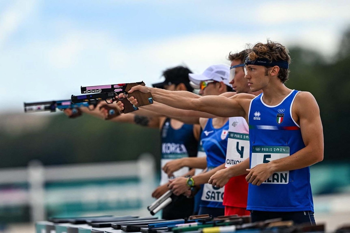 In primo piano Giorgio Malan (ITA), tiratore Pardini, bronzo nel Pentathlon maschile