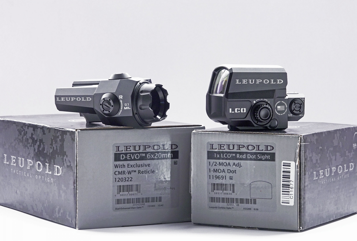 From left: the Leupold D-EVO and the Leupold LCO Red Dot sight, with their boxes