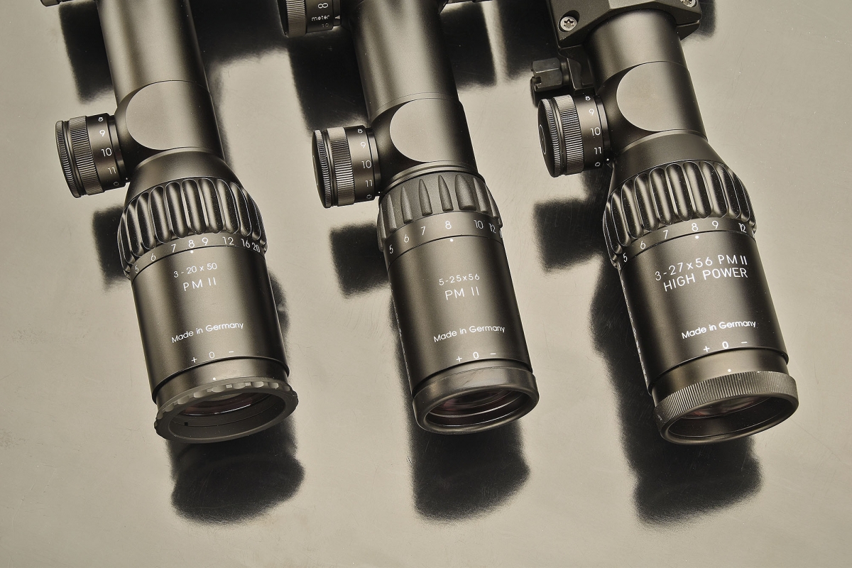The eyepieces of the three Schmidt & Bender PM II rifle scopes, with their zoom and luminosity ratios