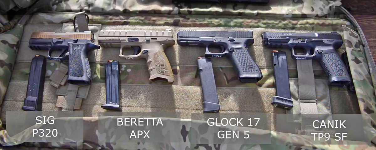 The four finalists to the Danish Army pistol trial, left to right: SIG Sauer P320, Beretta APX, Glock 17M, Canik TP9 SF