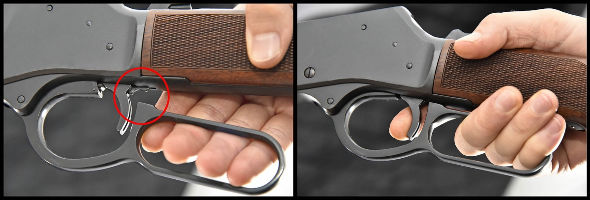 Behind the trigger, a disconnector prevents the trigger release unless the loadiong lever is fully pulled up in shooting position