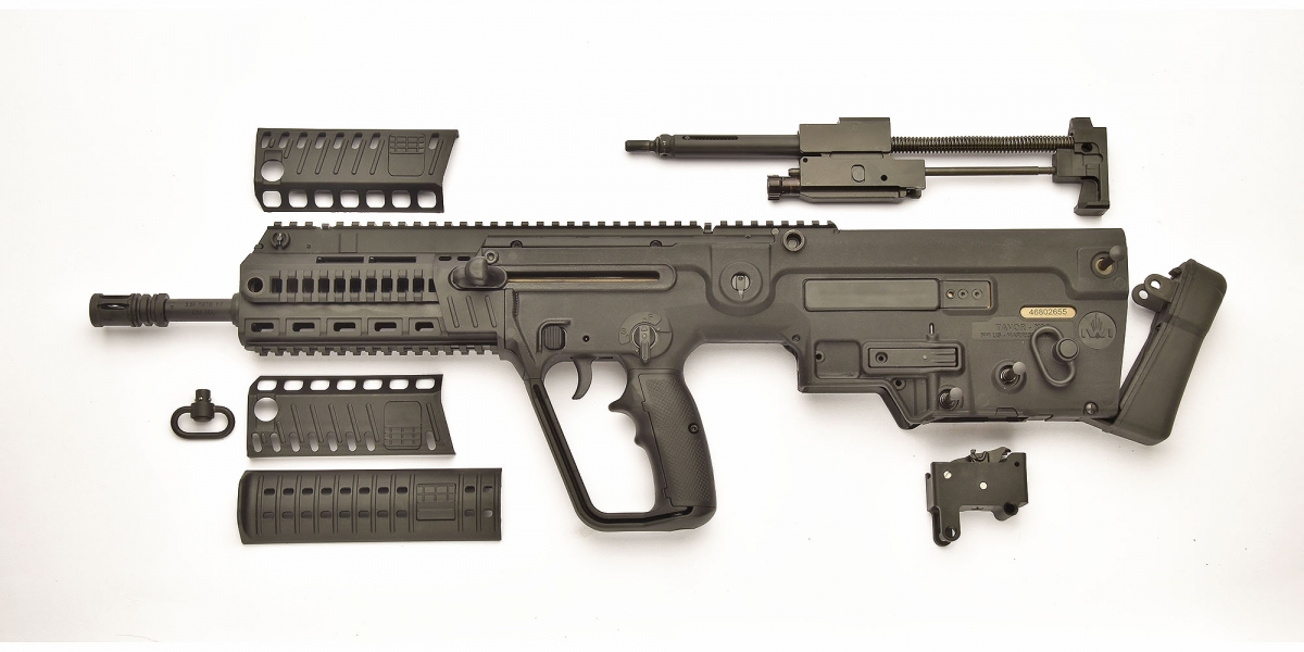 The IWI X95 semi-automatic rifle, field-stripped: this is as far as the user should go for ordinary cleaning and maintenance
