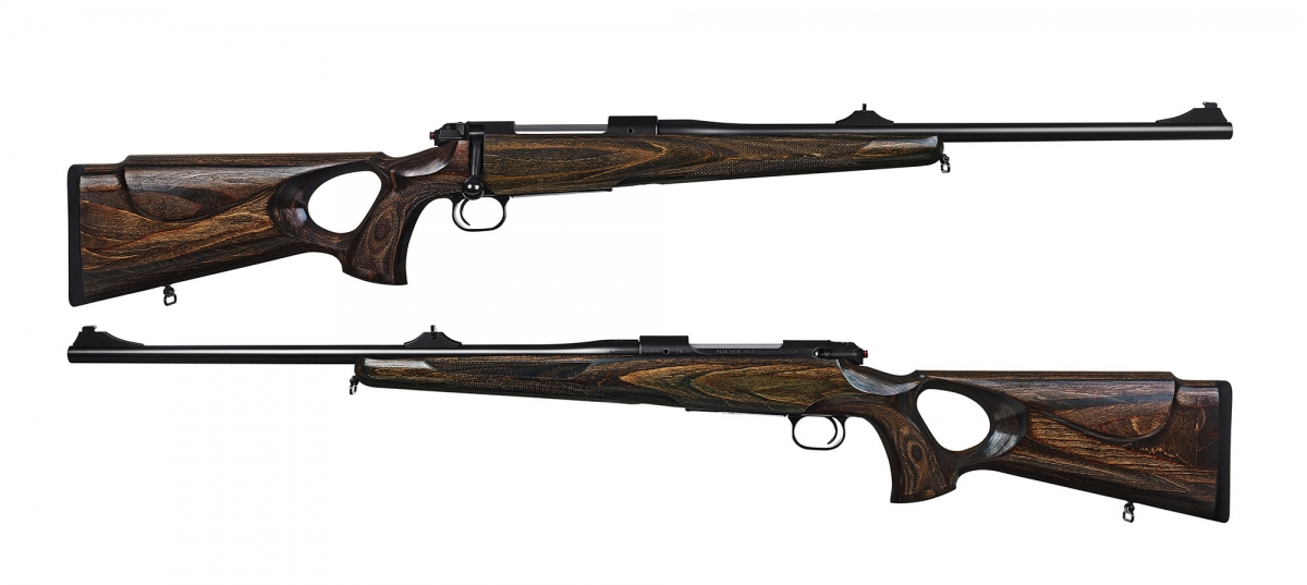 Side views of the new Mauser rifle, with the thumbhole pistol grip design of the stock