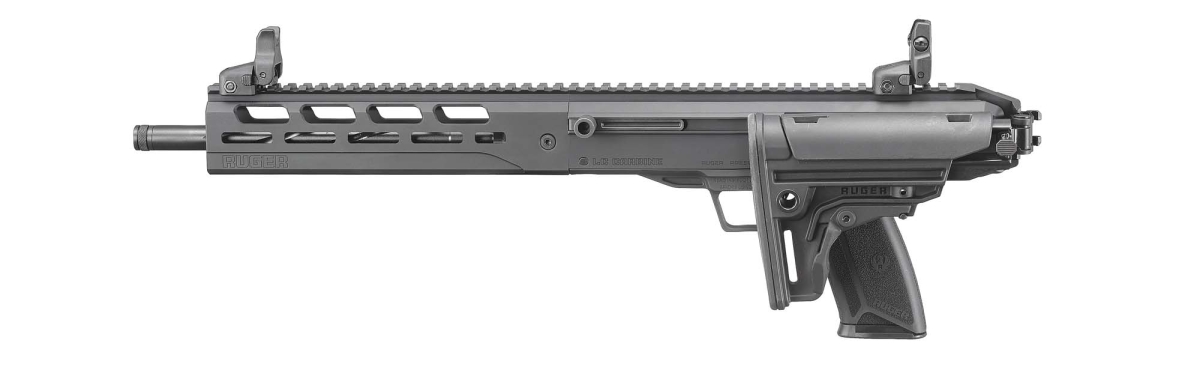 Ruger LC Carbine 5.7x28mm semi-automatic carbine – left side, with stock folded