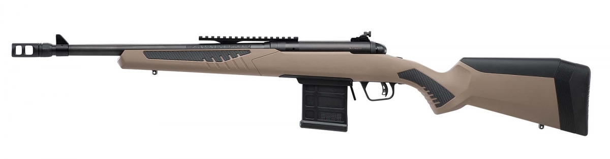The Savage 110 Scout rifle features a tan synthetic stock with checkered, soft grip surfaces on the pistol grip and forend