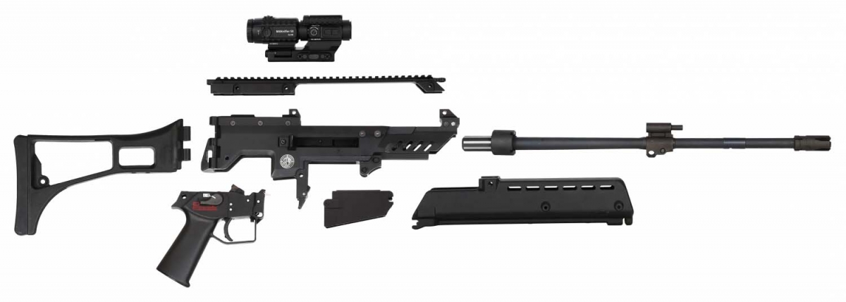 Steyr Arms G62 assault rifle, stripped into its main components