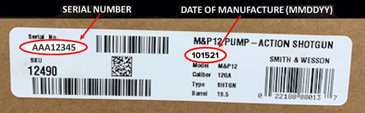 The serial number and date of manufacture for yoru Smith & Wesson M&P12 shotgun can be found printed on the label at the side of the shipping box