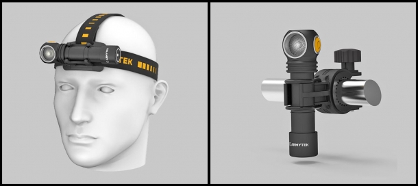 Nel kit accessori: bande elastiche per il montaggio frontale sulla testa e aggancio per bicicletta