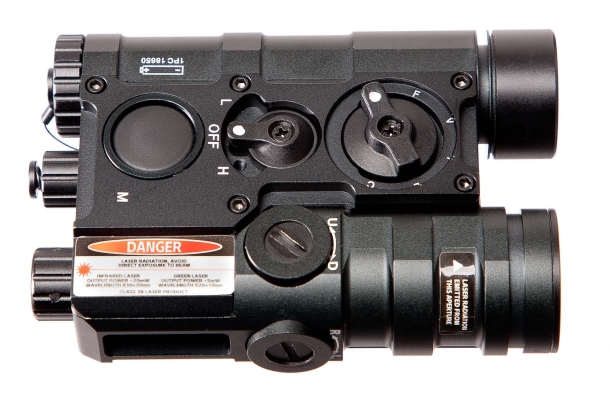 The Laserspeed LS-FL5 laser sight, seen from above: all controls are located on top of the lightweight aluminum body