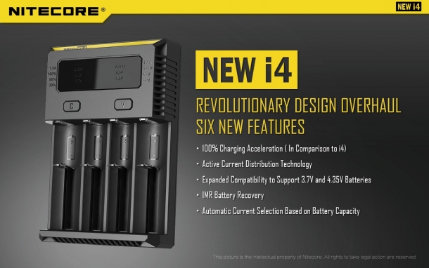 Il Nitecore New i4 è un caricabatterie universale ottimizzato per le batterie IMR, compatibile con batterie da 1,2, 3,7, 4,2 e 4,35 volt