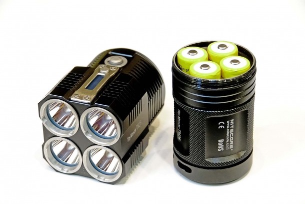 The Nitecore TM28 is powered by four 18650 batteries
