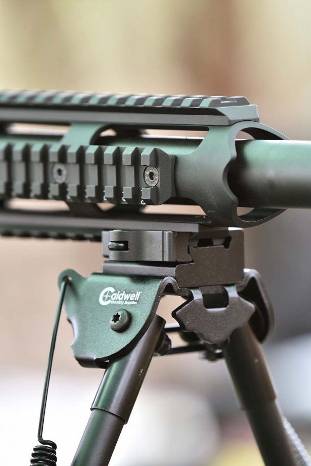 A detail view of the bipod, locked on the rail