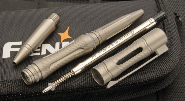 The Fenix T5Ti Tactical Pen is... a pen! with a pressurized refil making it work at any angle