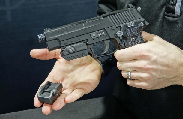 The MantisX universal handgun attachment on display at the 2017 SHOT Show