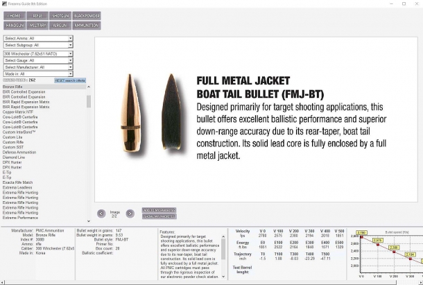 The Firearms Guide also offers a prominent ammunition section, with full ballistic specs