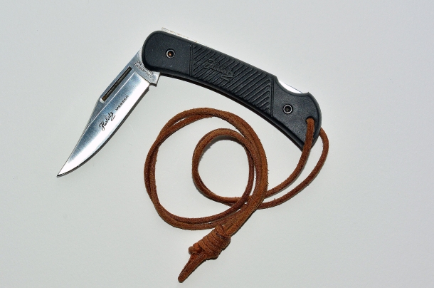 un tipico coltello dotato di chiusura detta a "pompa". si nota sul manico lo sguscio posteriore che consente di azionare la molla per sbloccare la lama 