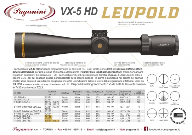 Volantino del distributore Paganini con le specifiche tecniche dei modelli Leupold VX-5HD disponibili in Italia