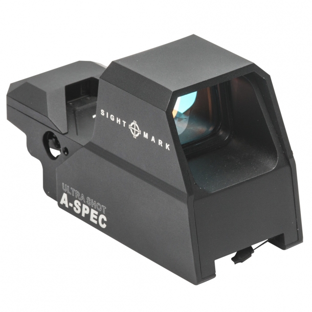 The Sightmark A-Spec reflex sight is shockproof and shielded by a sturdy aluminum alloy housing and protective aluminum shield