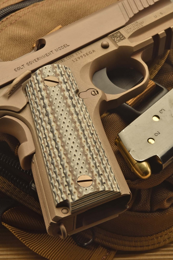 A detail of the G10 grip panels