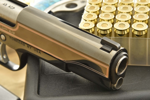 A close-up of the barrel bushing on the Kimber Classic Carry Elite