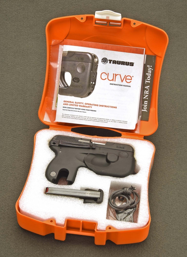 The Taurus 180 Curve pistol is sold in a bright orange box