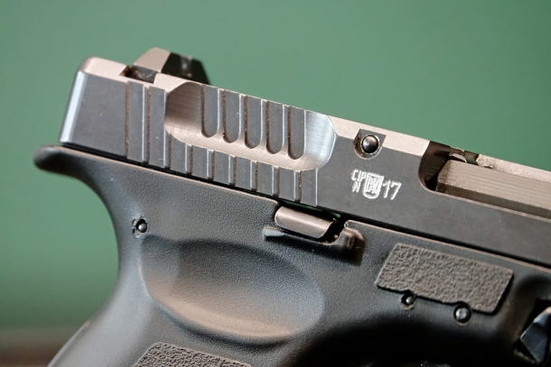 The peculiar rear slide serrations of the CSA Vz.15 pistol