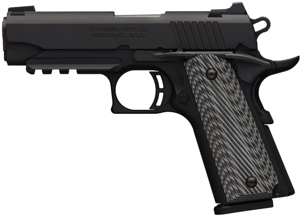 The Browning Black Label 1911-380 Pro Compact pistol in its railed version