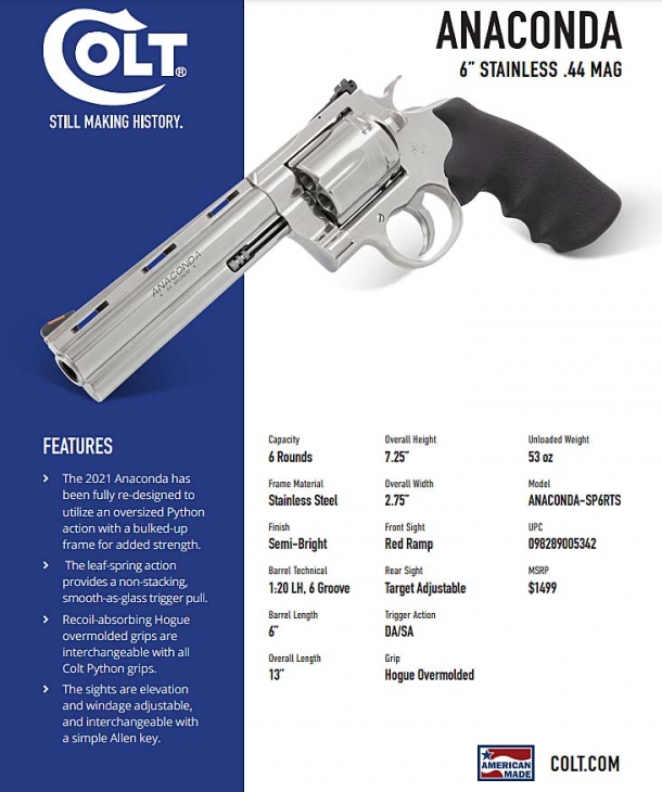 Technical features of the new Colt Anaconda revolver, in its 6" barrel variant