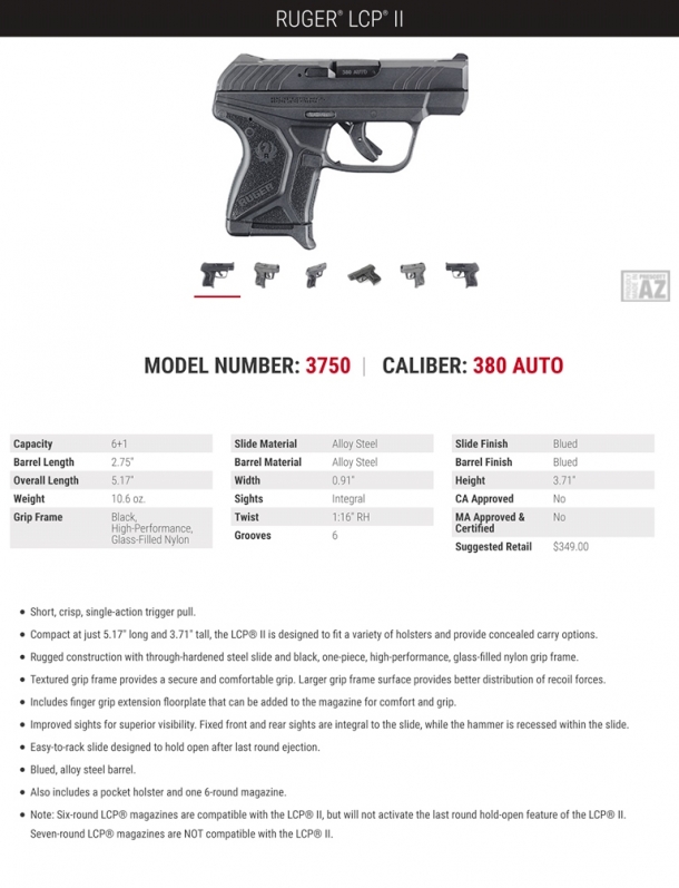 The technical specs flyer for the Ruger LCP II pistol