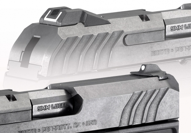 The Ruger Security-9 features a dovetailed, drift adjustable rear sight and fixed front sight