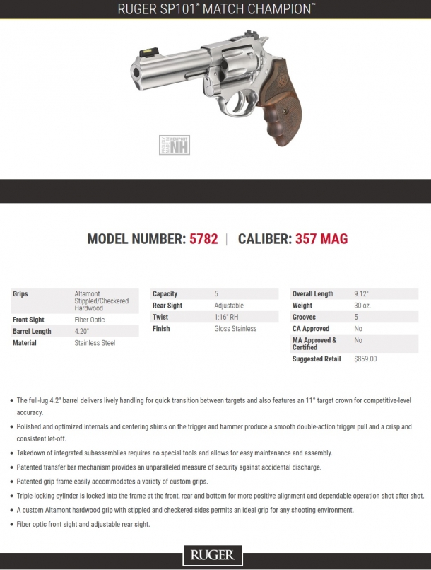 La scheda tecnica del revolver Ruger SP101 Match Champion