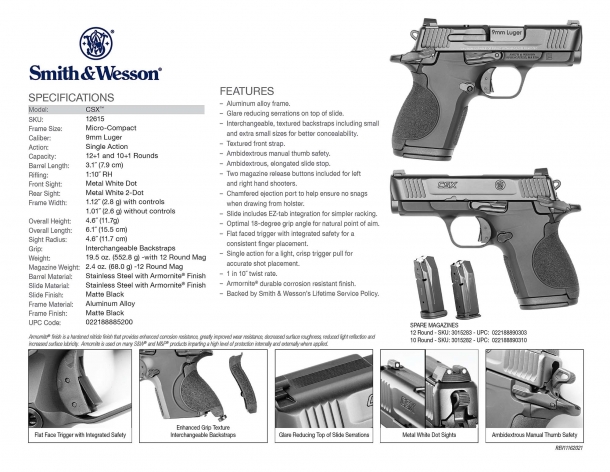 La scheda tecnica della nuova pistola semi-automatica Smith & Wesson CSX