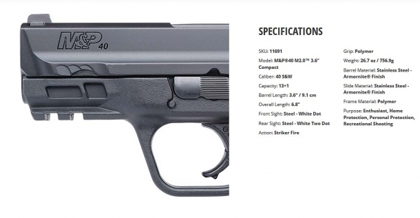 Specifications for the Smith & Wesson M&P M2.0™ 3.6" Compact pistol, .40 caliber