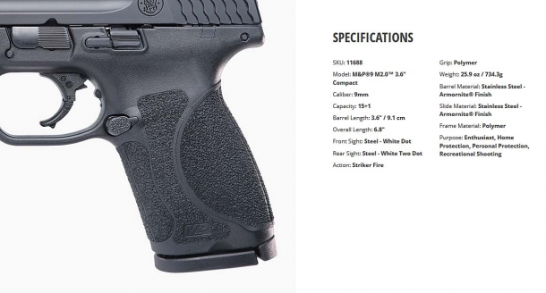 Specifications for the Smith & Wesson M&P M2.0™ 3.6" Compact pistol, 9mm caliber