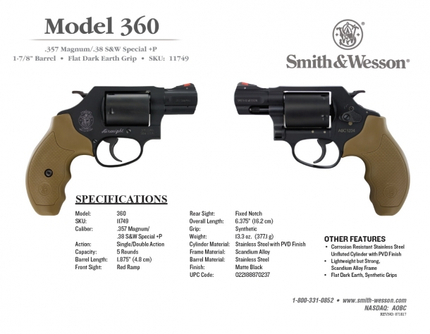 The technical specs flyer for the Smith & Wesson Model 360 revolver