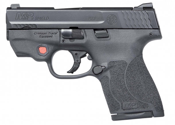 The Smith & Wesson M&P Shield M2.0 is also available with an integrated Crimson Trace red- or green-light laser pointer, activated by a prominent rubberized, ambidextrous red button located on the frame just in front of the trigger guard