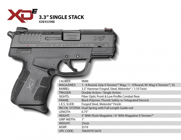 The technical specs of the Springfield XD-E pistol