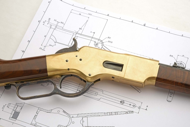 Right view of the new Uberti Winchester 1866 Yellowboy. Along with the revised magazine, the loading gate was the main point of strenght of this innovative project