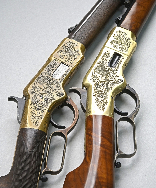 The original Winchester 1866 rifle (left) used to realize the Uberti 150th anniversary engraved replica (right)